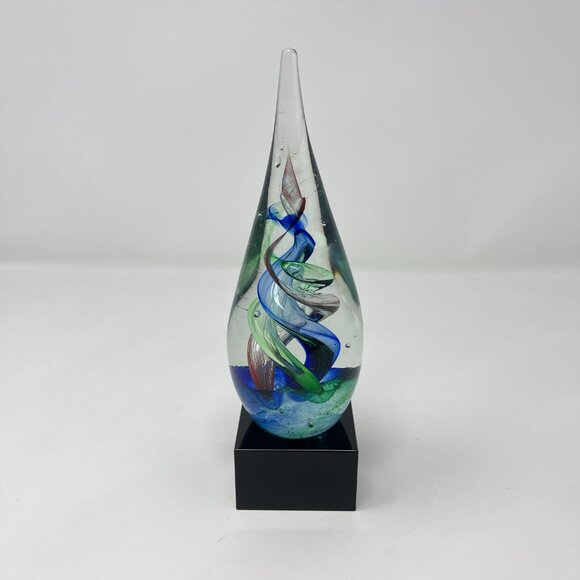 Art Glass Teardrop Award Trophy Paperweight With Attached Black Glass Base - Picture 4 of 7